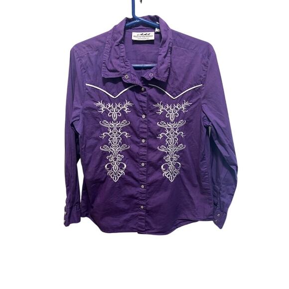 Western Cowboy Pearl Snap Shirt Purple White Embroidery Cotton Women's Medium - Picture 1 of 7